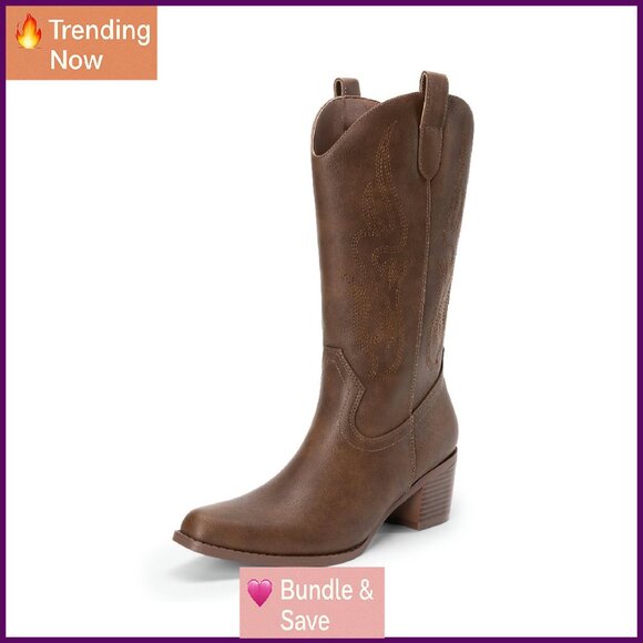 Square Toe Cowgirl Boots Embroidered Mid Calf Western Low Chunky Heel